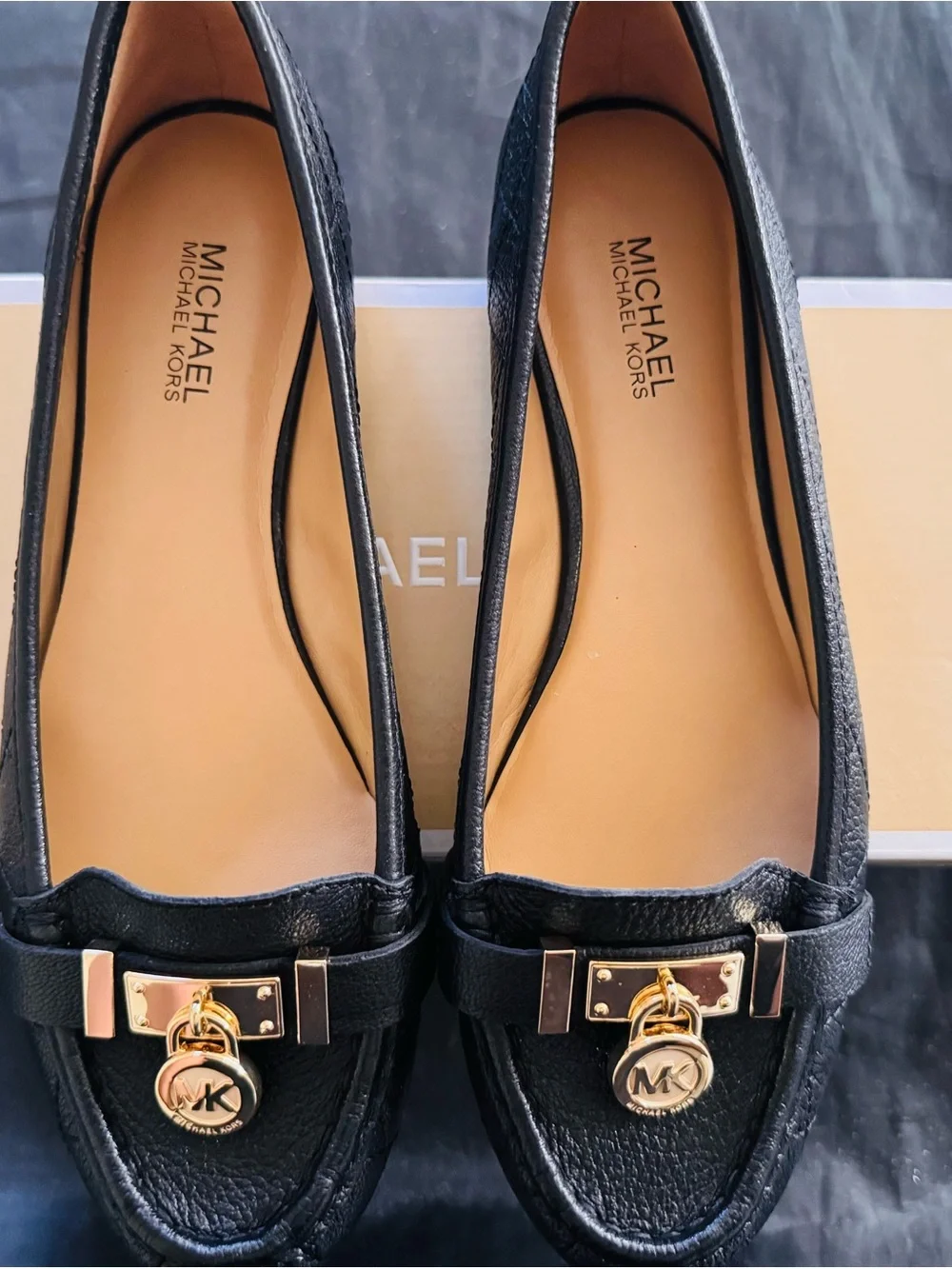 Michael Kors Black Leather Flat with Gold Buckle Accent